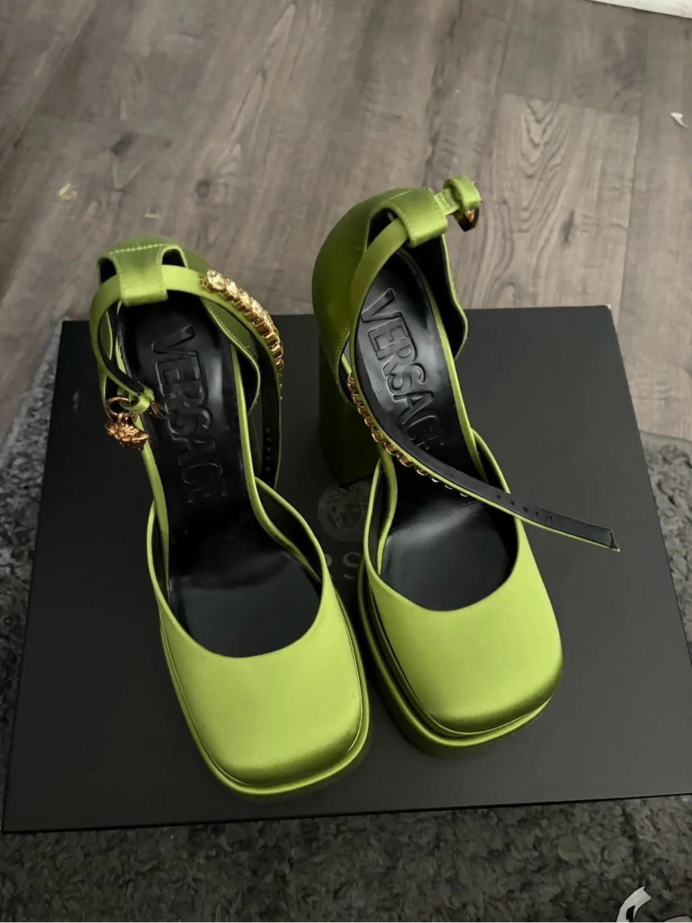 Versace Neon Green Platform Block Heel Sandals